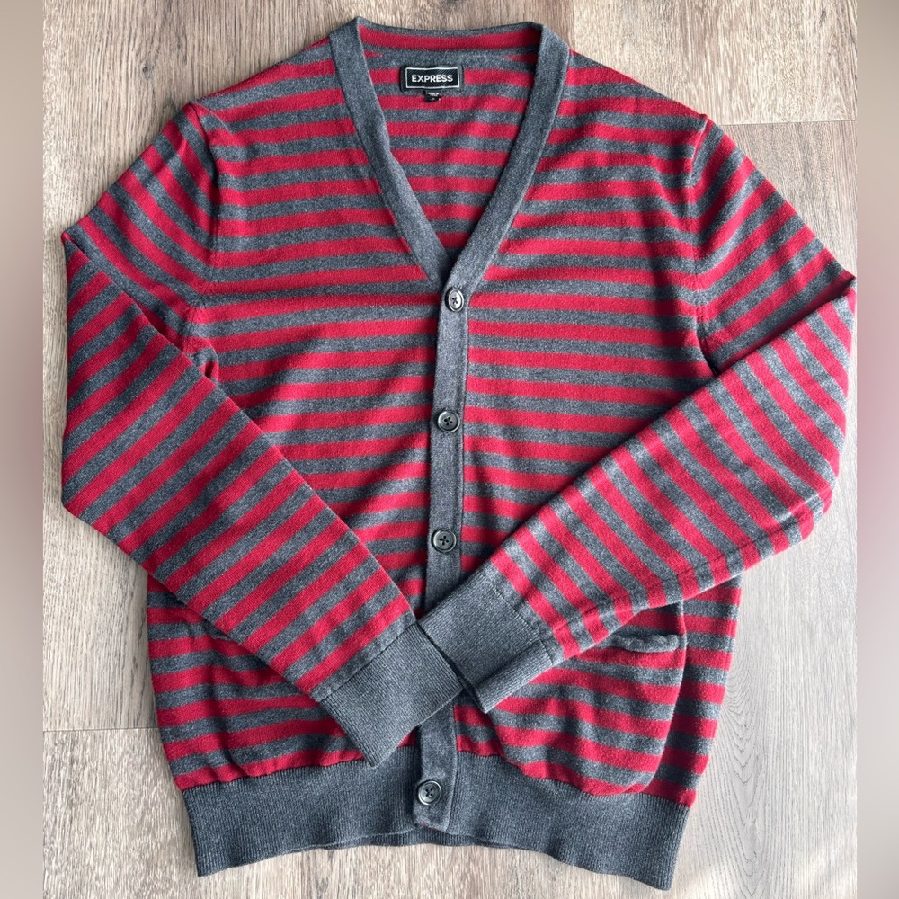 Express Men's Cardigan in Red and Gray Stripes Sz.M